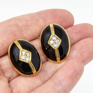 Vintage Signed VENDOME Gold Tone Black Enamel Clear Rhinestones Clip On Earrings